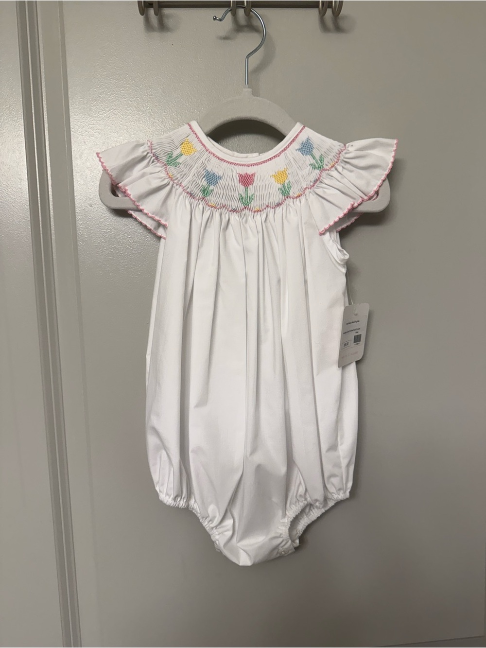 White Smocked Tulip Bubble Romper -  Petit Bebe NWT